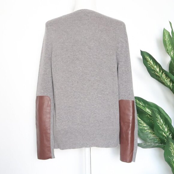J. Crew Grey Wool V-neck Long Sleeve Pullover Sweater w Brown Leather Panels S - Picture 4 of 10
